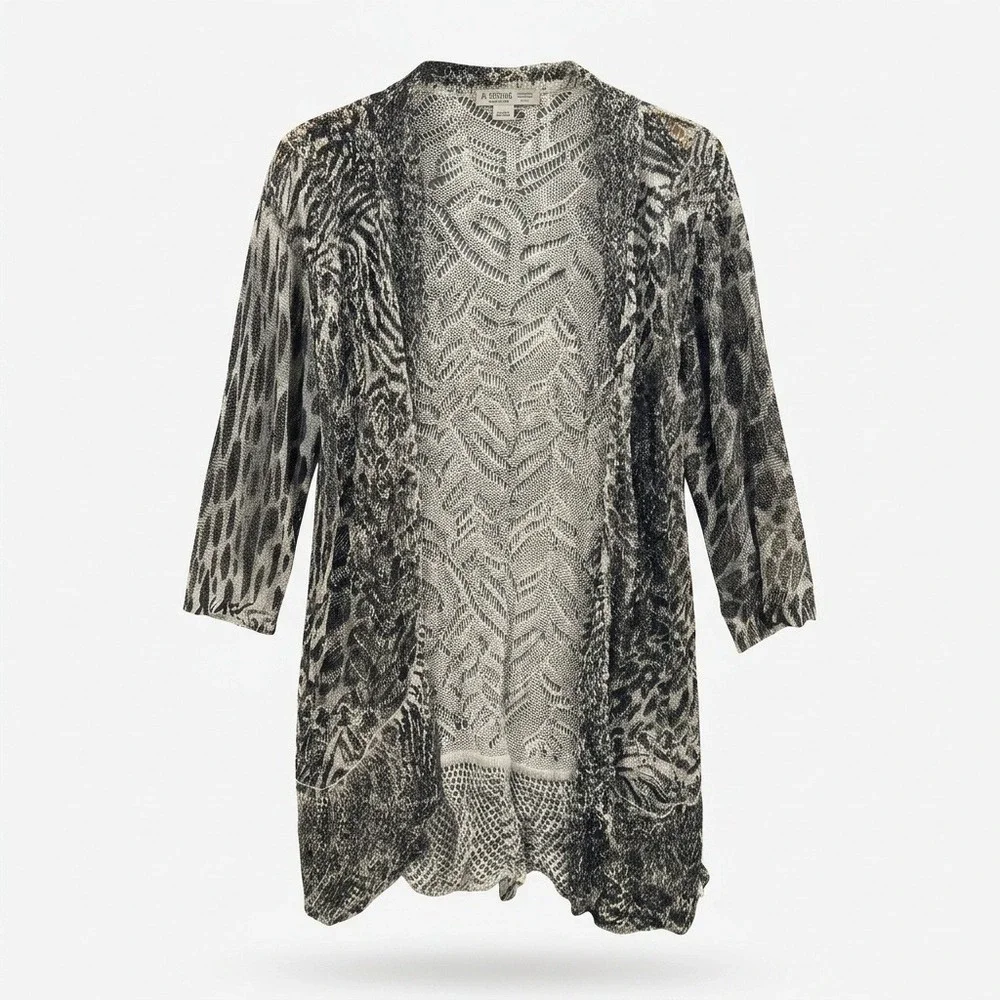 Alberto Makali Linen Blend Animal Print Pointelle Knit Open Cardigan XL Neutral